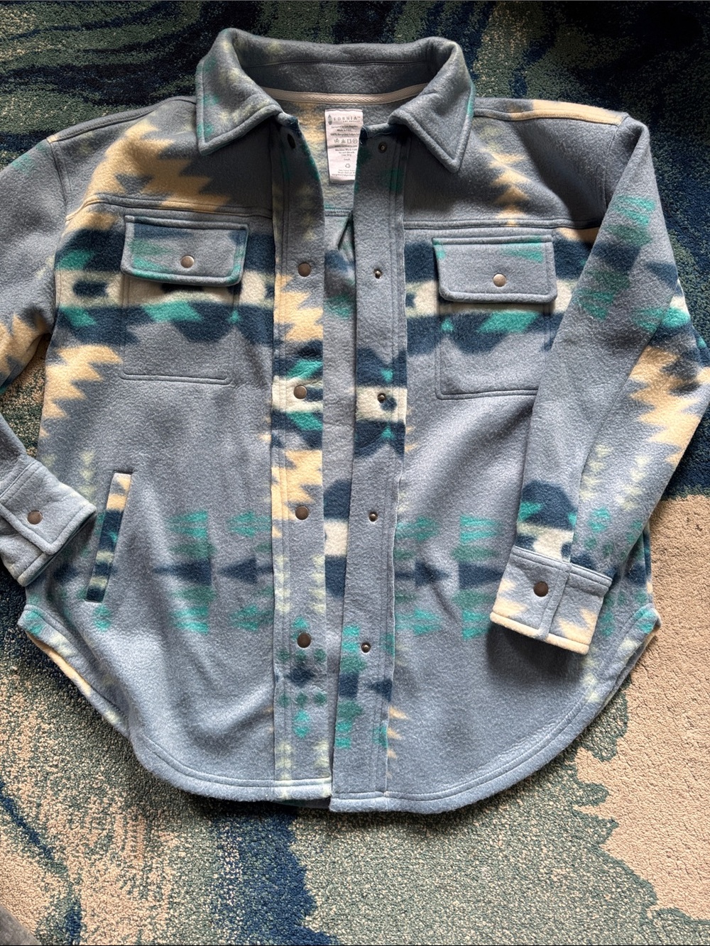 Fornia Aztec Pattern Fleece Shacket in Light Blue and Teal Women’s Small